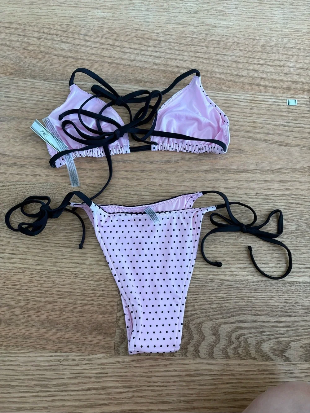 Frankie’s bikinis Pink Polka Dot Tie-Bikini with Black Trim